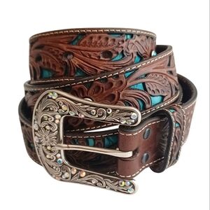 ARIAT Jocelyn Genuine Leather Embossed Brown Turquoise Floral Tooled Belt